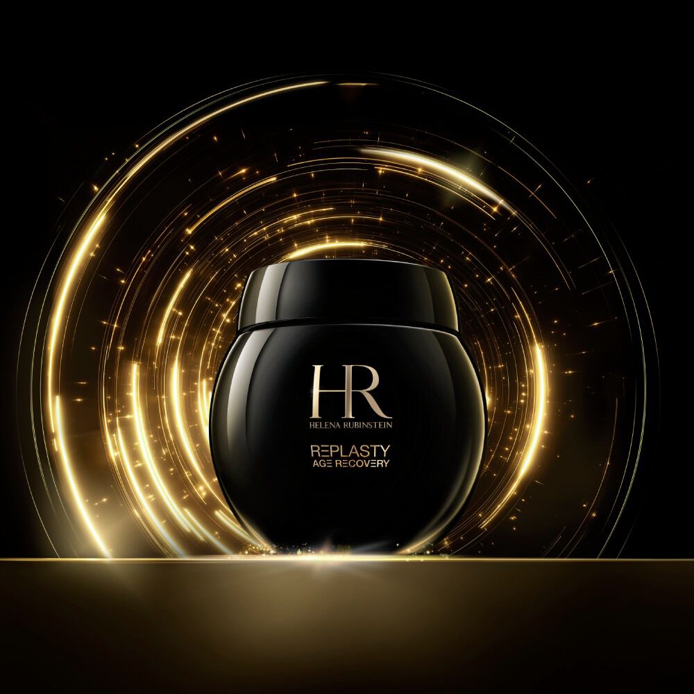A single black Helena Rubinstein Re-Plasty Age Recovery cream jar, highlighted by golden light trails on a dark background.