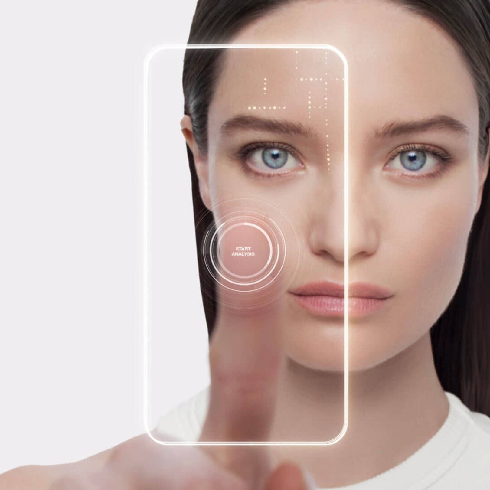 Helena Rubinstein's advanced skin analysis technology mapping a woman's face for precise diagnosis.