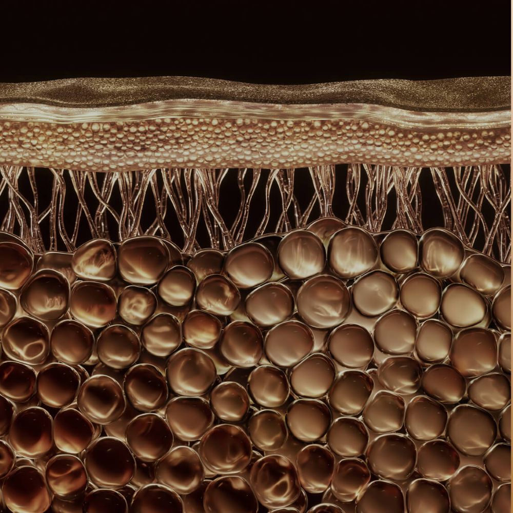 Detailed microscopic view of skin layers with golden round cells, filaments, and a textured surface, evoking the complex structure of the epidermis.