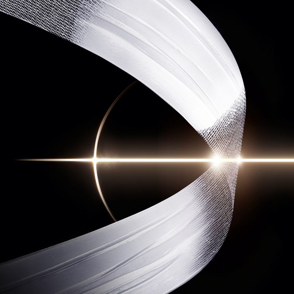 Close-up of Helena Rubinstein Replasty Age Recovery Eye creamy "bandage" texture meeting a sharp beam of light, illustrating the precision repair and eye contour reshaping technology.