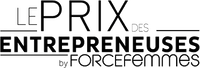  Black and white stylized logo "LE PRIX DES ENTREPRENEUSES by FORCEfemmes," with underlined text, announcing an award for women entrepreneurs.
