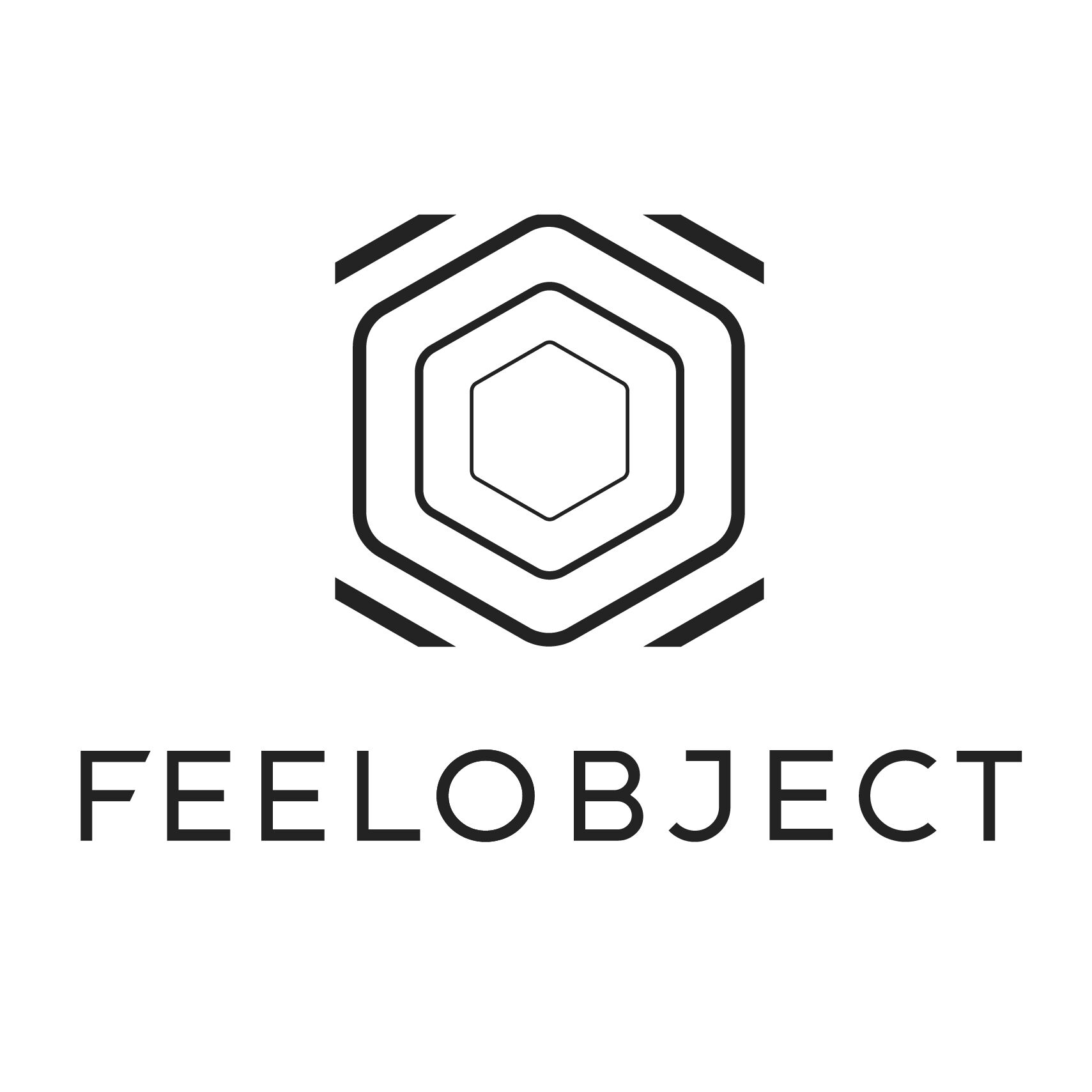 Black "FEELOBJECT" logo with an abstract geometric symbol (concentric hexagons) above it, on a pure white background.