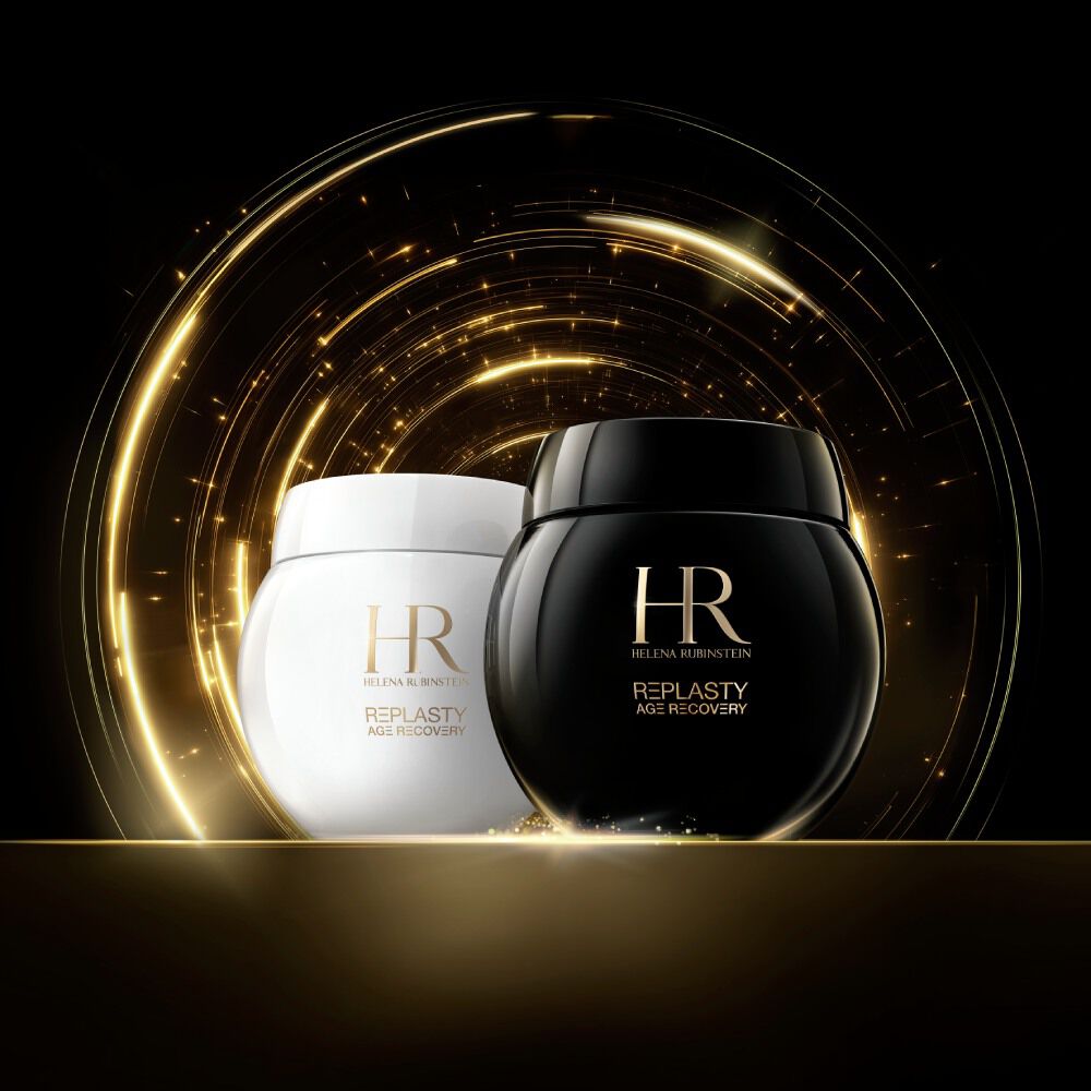Helena Rubinstein Re-Plasty Age Recovery creams in black and white jars, surrounded by golden light trails on a black background.