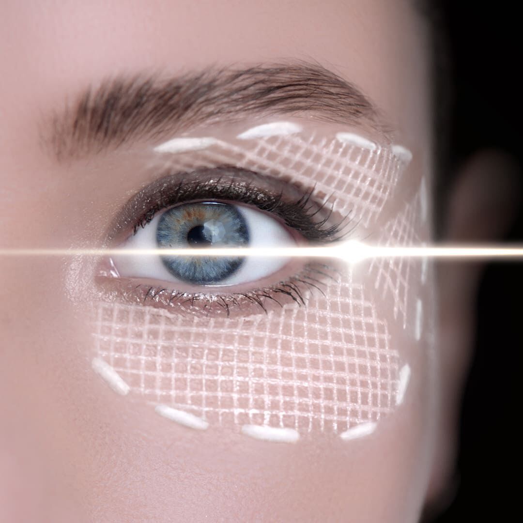 Macro shot of a model's eye for Helena Rubinstein, featuring a futuristic "bandage" texture overlay and a laser-like beam to demonstrate the precision of Replasty Age Recovery Eye care in reshaping the eye contour.