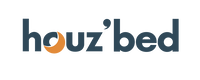 "houz'bed" logo on a black background, text in blue-gray with a light orange crescent moon embedded in the "u", symbolizing comfort and sleep.