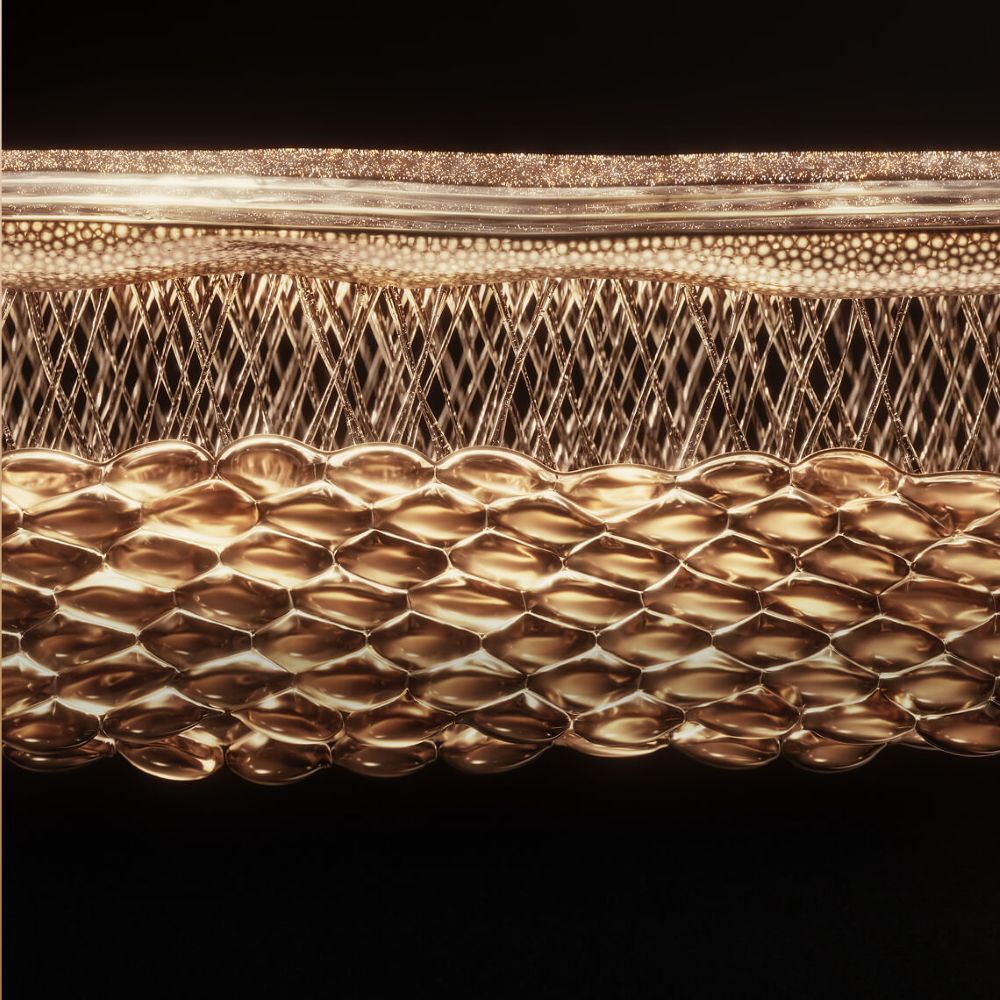 Detailed microscopic view of skin layers with golden round cells, filaments, and a textured surface, evoking the complex structure of the epidermis.