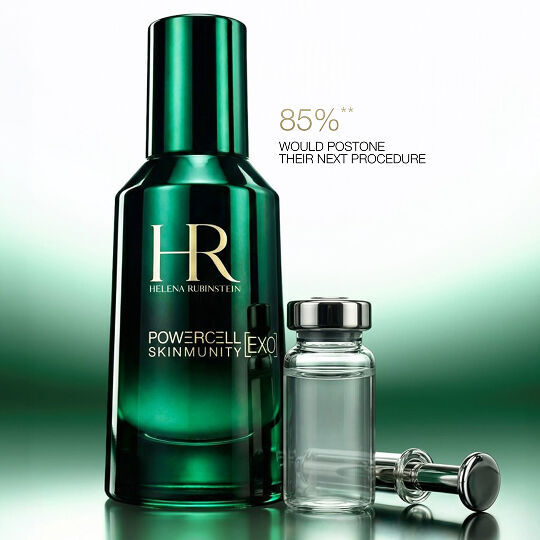 Powercell Skinmunity [EXO] Serum bottle with a clinical vial, showing 85% of users would postpone a skin procedure.
