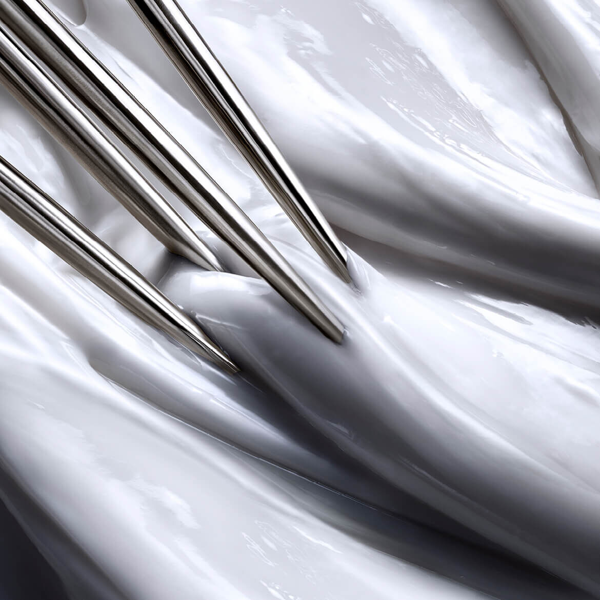Close-up of thick, textured white cream, with several sharp metallic needles inserted, evoking an aesthetic or medical procedure.