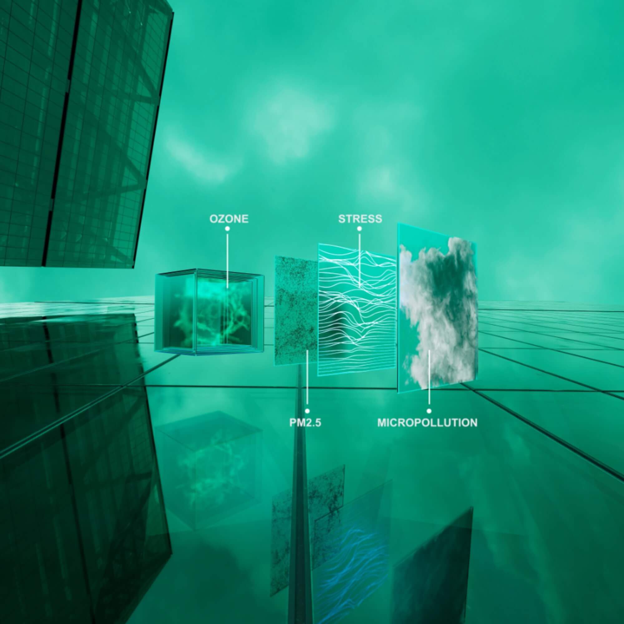 Conceptual illustration of urban skin aggressors including Ozone, PM2.5, Stress, and Micropollution, shown as layers against a teal-colored modern glass building background.