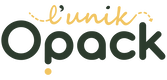 "l'unik Opack" logo on a black background, "l'unik" in yellow script, "Opack" in dark green with a yellow dot instead of the "o" and an exclamation point.