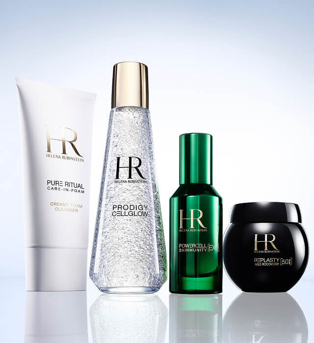Helena Rubinstein skincare routine featuring Pure Ritual, Prodigy Cellglow, Powercell and Replasty.