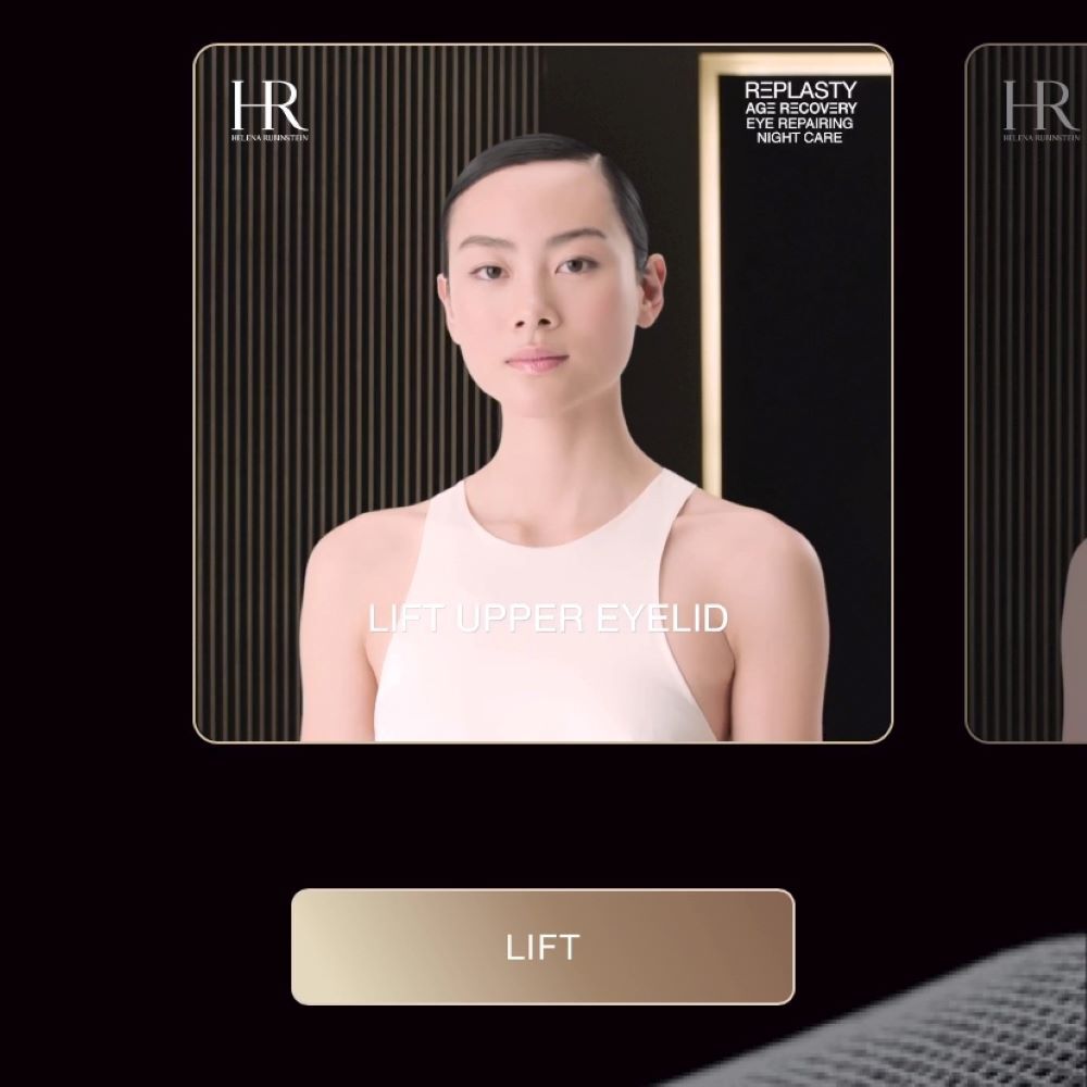 Woman looking at screen, "LIFT UPPER EYELID" text and "LIFT" button below.