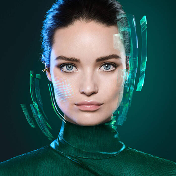 Monochromatic portrait of a woman in green clothing on a vibrant green backdrop