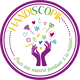 Colorful circular "HANDISCOPIK" logo, with hands raising creative objects, surrounded by text "Pour des valeurs positives a la maison" (For positive values at home).
