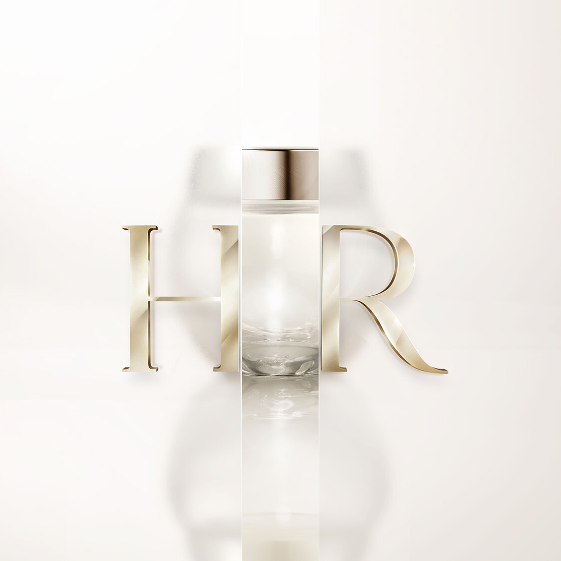A transparent Helena Rubinstein bottle featuring a gold HR logo on a white background.