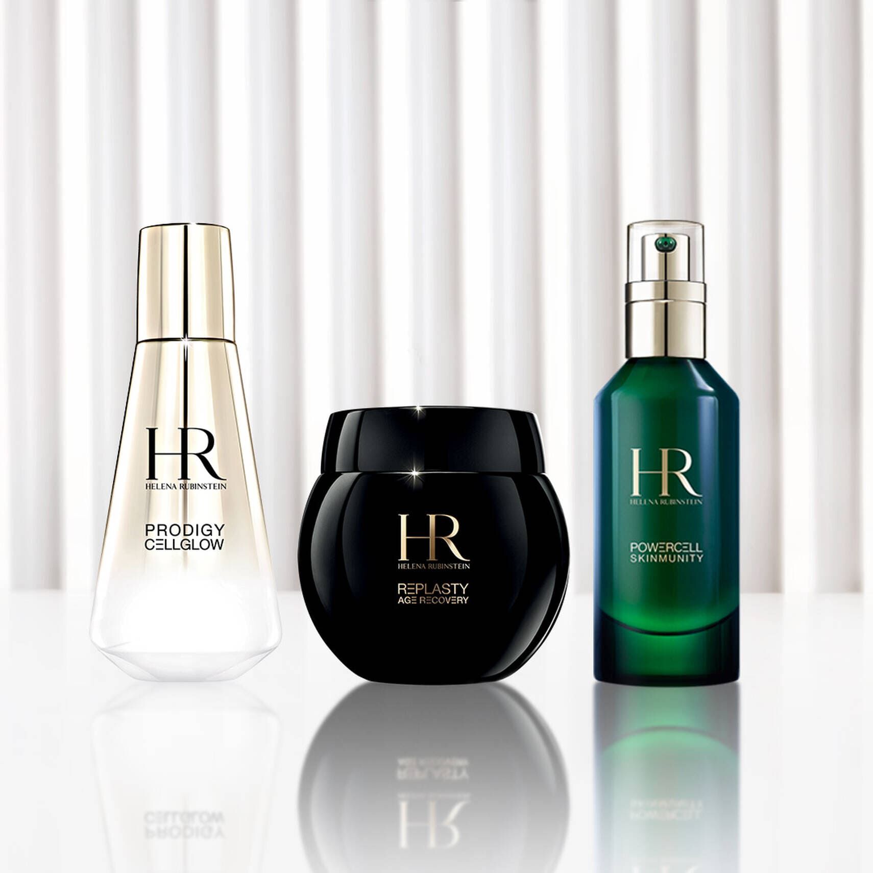 Helena Rubinstein Prodigy Cellglow, Re-Plasty Age Recovery cream, and Powercell Skinmunity serum bottles.