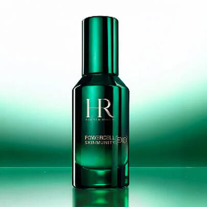 Helena Rubinstein Powercell Skinmunity [EXO] Serum in its elegant green bottle with a matching metallic cap.