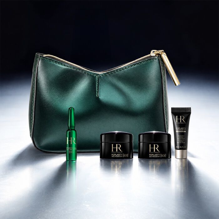 A green Helena Rubinstein cosmetic pouch displayed in front of a bright landscape, surrounded by four miniature skincare products.