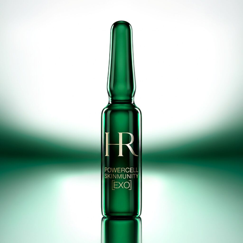 A green Helena Rubinstein Powercell [EXO] Shot ampoule standing on a reflective dark surface, illuminated by a soft green glow against a dark gradient background.​