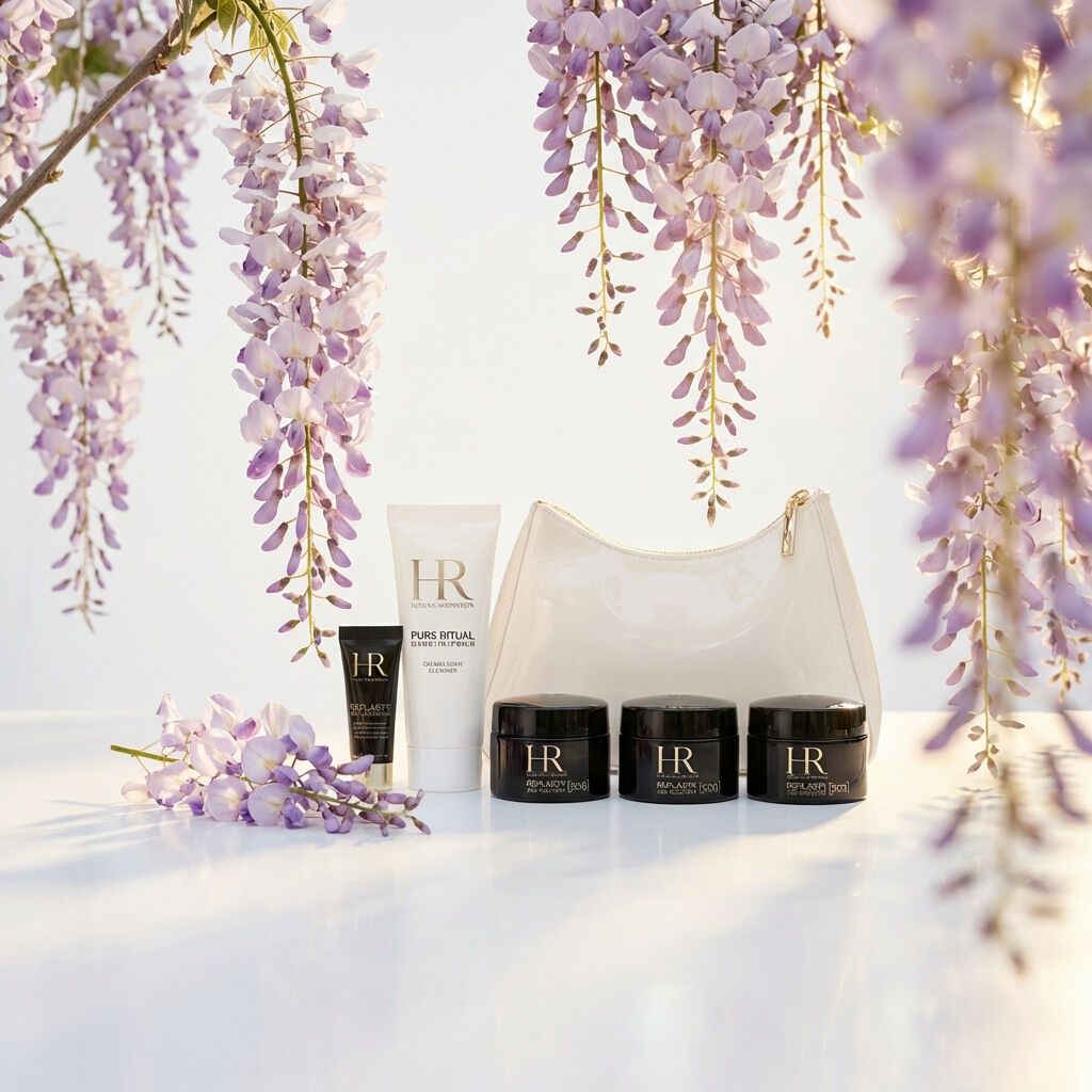 Helena Rubinstein skincare set with white pouch under wisteria.​