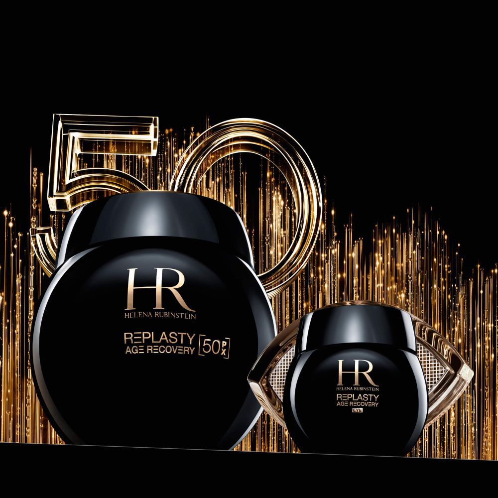 Two black "Helena Rubinstein Re-Plasty" cream jars on stands, with luminous golden numbers "30" and "50" in the background, on a black background.