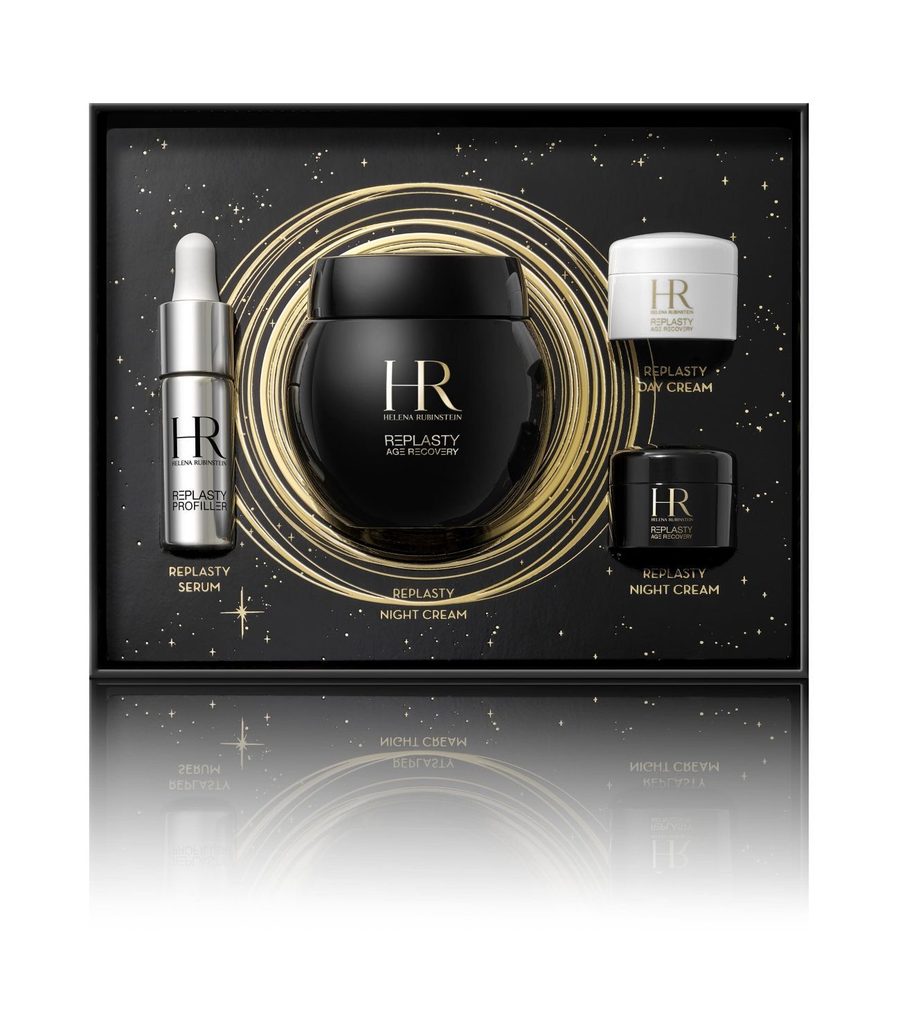 Opened black and gold gift box, showcasing four Helena Rubinstein "Re-Plasty" products (serum, night cream, day cream) and the "HR" logo, on a white background.